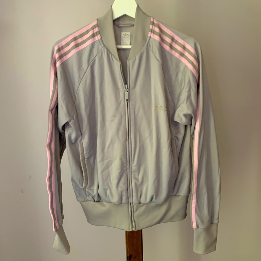 adidas Light Gray Track Jacket with Pink Stripes